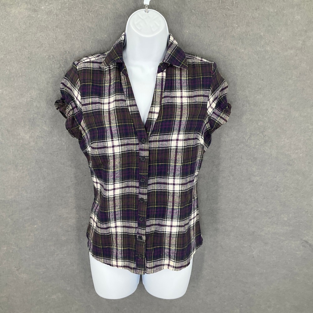 Vintage Y2K Wet Seal Womens Sz M Purple Plaid Short Sleeve Top‎ Shirt Button Up